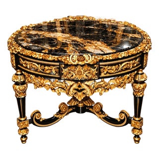 Black & Gold Grandeur – Oversized French Baroque Center Table With Dramatic Marble-Effect Top & Ornate Gilded Details For Sale
