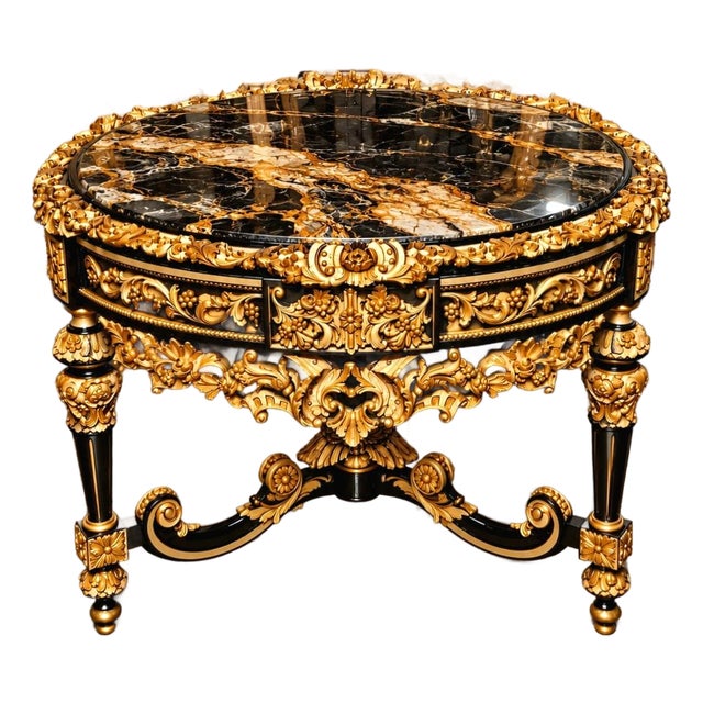 Black & Gold Grandeur – Oversized French Baroque Center Table With Dramatic Marble-Effect Top & Ornate Gilded Details For Sale