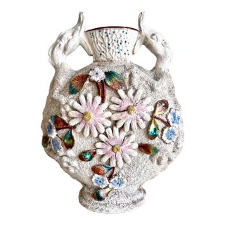 Antique Majolica-Style Textured Floral Vase With Ram Head Handles For Sale