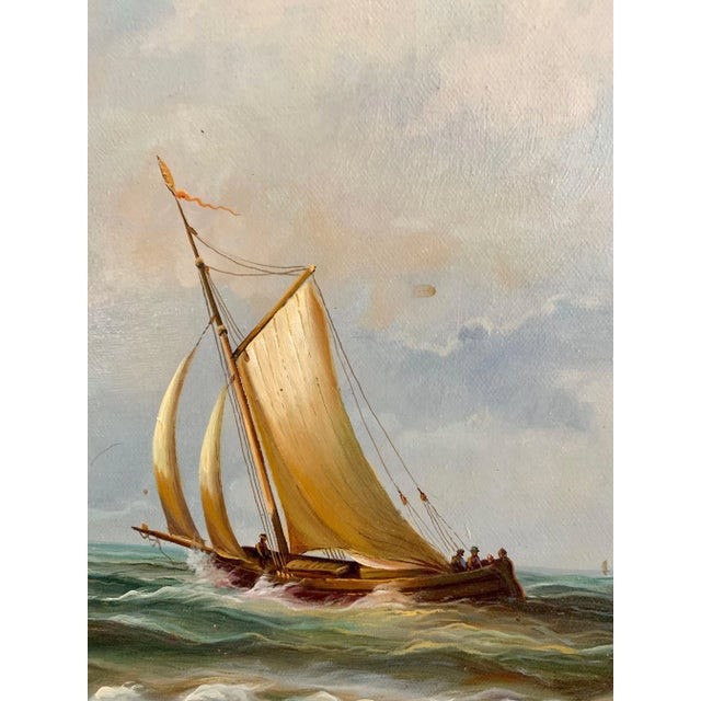 Nautical Early 20th Century Nautical Oil Painting, Boats on Fishing Trip, Signed E. Ponthier, Framed, 31"w For Sale - Image 3 of 9