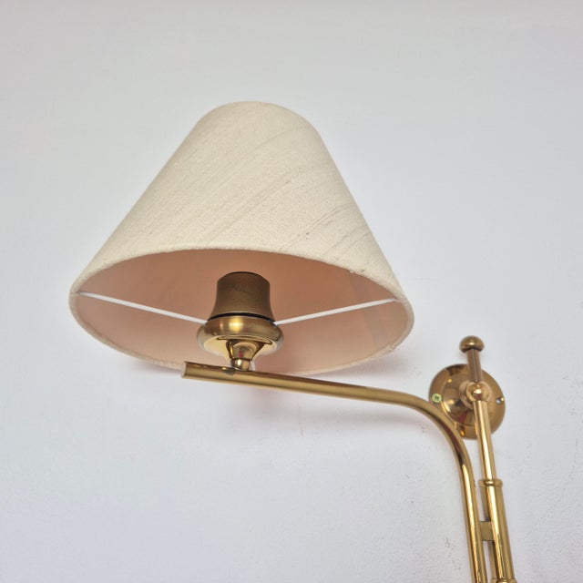 Mid-Century Modern Adjustable Brass Wall Lamps with Linen Shades, 1980s, Set of 2 For Sale - Image 3 of 14