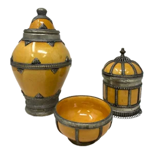 Vintage Moroccan Yellow Ceramic Jars With Silver Filigree Overlay Set of 3