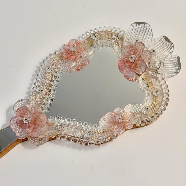 1980s Vetri Murano Art Glass Floral Hand Mirror-Form Wall Mirror For Sale In Miami - Image 6 of 12