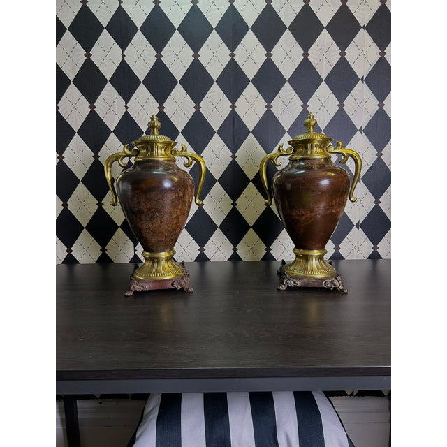 1970s Grand Neoclassical Patinated Metal Urns With Gilt Scroll Handles, Pair, 16" For Sale - Image 11 of 15