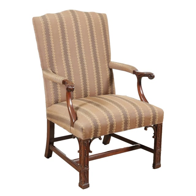 Store Item: Southwood Carved Mahogany Chinese Chippendale Open Arm Chair Description: Chair feature high shaped...