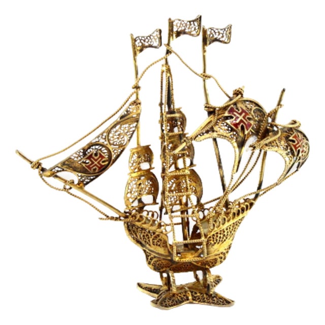 Small Silver Caravel with Gilded Filigree For Sale