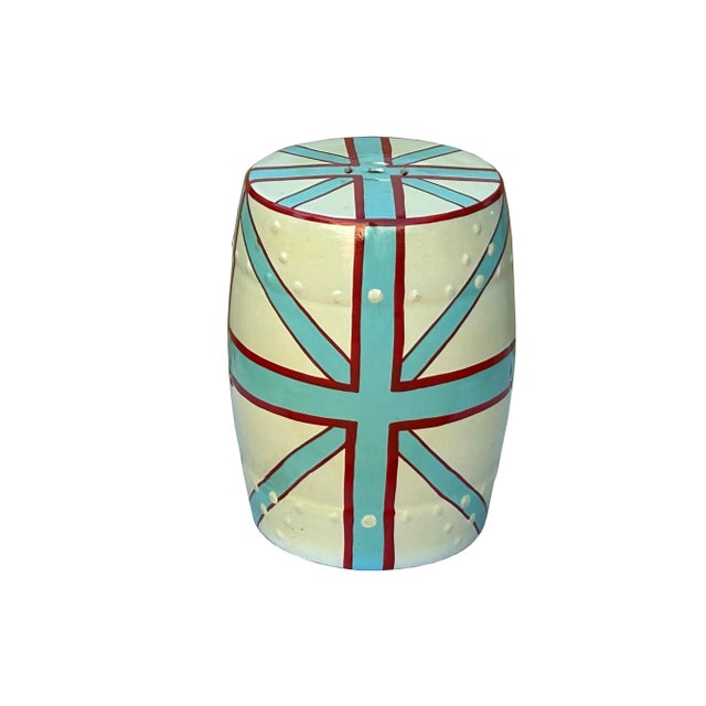 2010s Light Celadon Base Turquoise Cross Line Round Porcelain Stool Table For Sale - Image 5 of 6