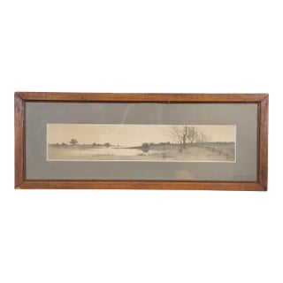 Antique Jn Allen Signed Panoramic Country Farm Pond Landscape Etching 25" For Sale