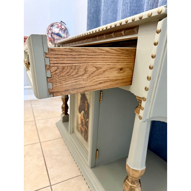 1973 Thomasville Server, Entryway, Buffet, Bar, Equestrian Themed, Sage Green For Sale - Image 9 of 12