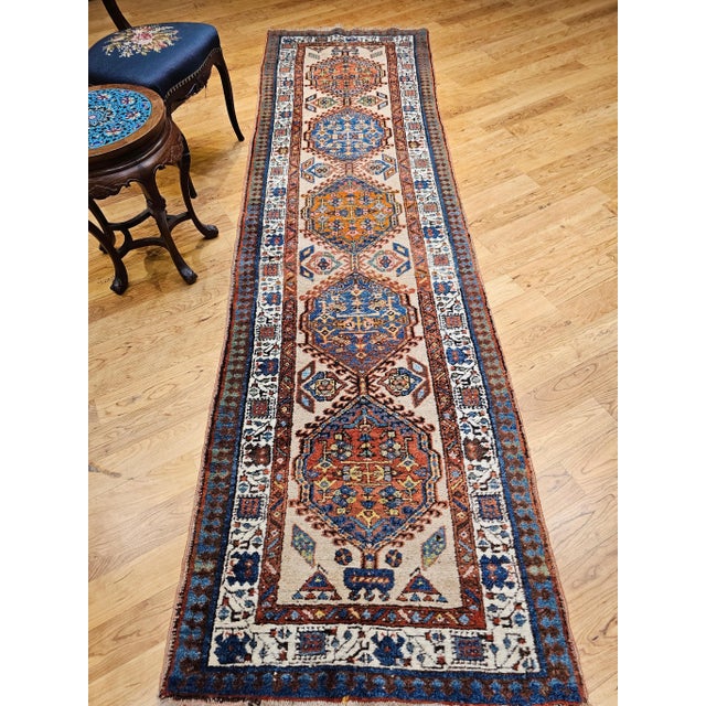 Early 20th Century Antique Persian Serab Runner, Handwoven Wool, Geometric Pattern, Ivory & Blue, 3’ X 11’ For Sale - Image 5 of 12