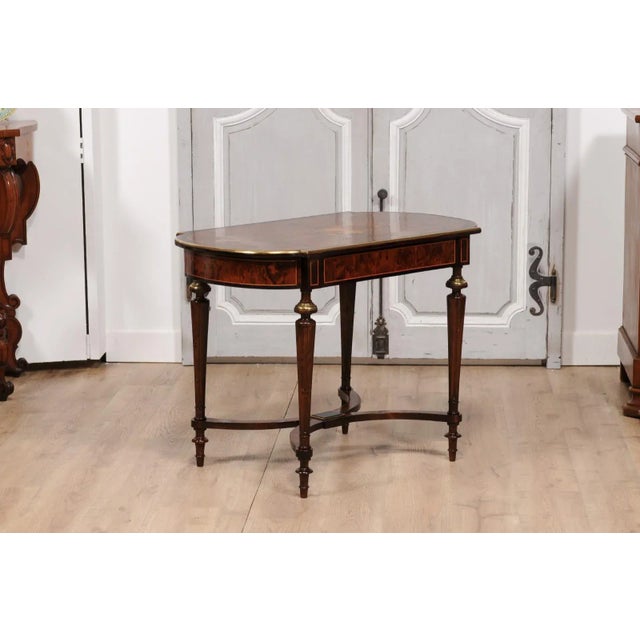 Italian Italian 1890s Walnut, Mahogany and Brass Side Table with Floral Marquetry Décor For Sale - Image 3 of 12