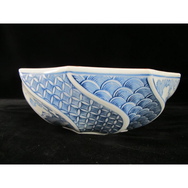Japanese Japanese Blue Porcelain Geometric Village & Landscape Panel Gumps Polygon Bowl For Sale - Image 3 of 7