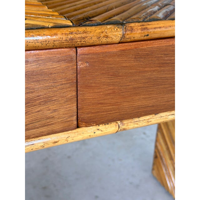 Wood Mid-20th Century Refinished Split Rattan Chevron Two Drawer Floating Vanity or Desk For Sale - Image 7 of 12
