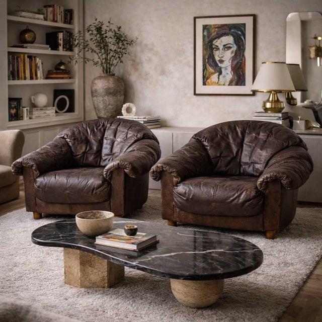 Late 20th Century Slouchy Overstuffed Leather Lounge Chairs in Chocolate Brown - Pair For Sale - Image 10 of 18