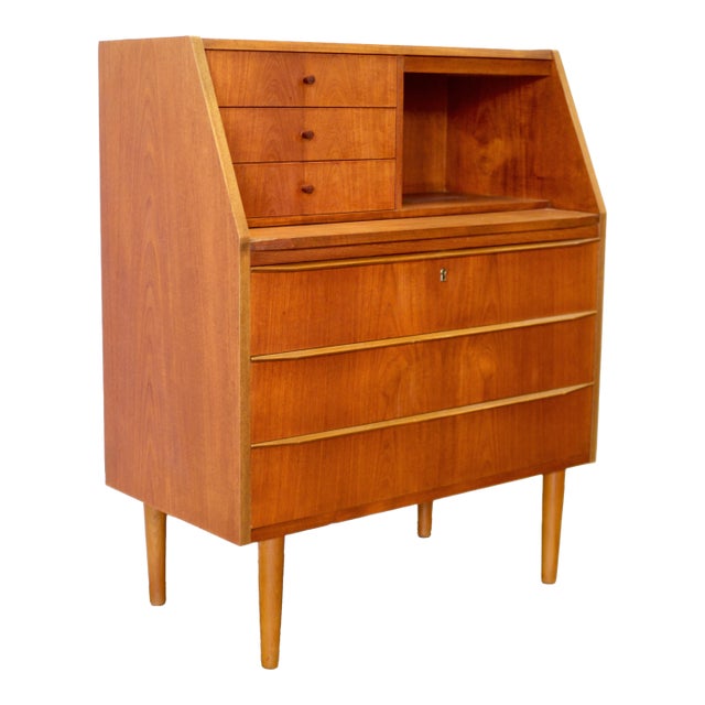 1950s Danish Teak Secretary Desk With Hidden Vanity & Mirror For Sale