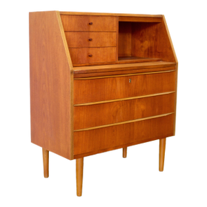 1950s Danish Teak Secretary Desk With Hidden Vanity & Mirror