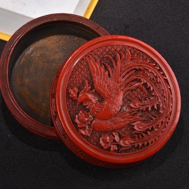 Chinoiserie Round Lacquer Trinket Box, Phoenix Bird Relief Carving, Curio Cabinet Decor For Sale In Los Angeles - Image 6 of 9