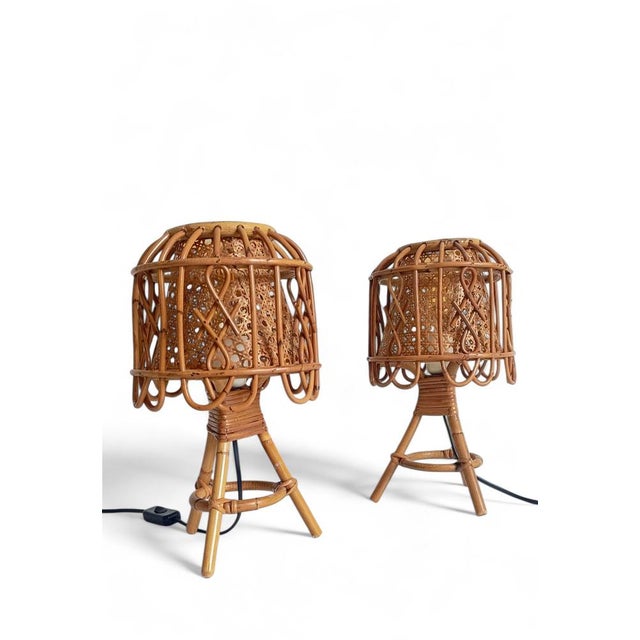 Wood French Riviera Rattan and Cane Table Lamps by Franco Albini, 1960s, Set of 2 For Sale - Image 7 of 14