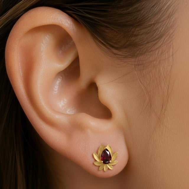 Not Yet Made - Made To Order Pear-Cut Garnet Lutus Flower Earrings Studs, Silver, Gold, Pair For Sale - Image 5 of 6