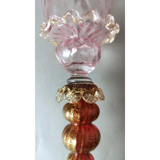 Pink 1970s Murano Glass Goblet "Tipetto" Pink Blown Glass With Gold Leaf Decoration For Sale - Image 8 of 11