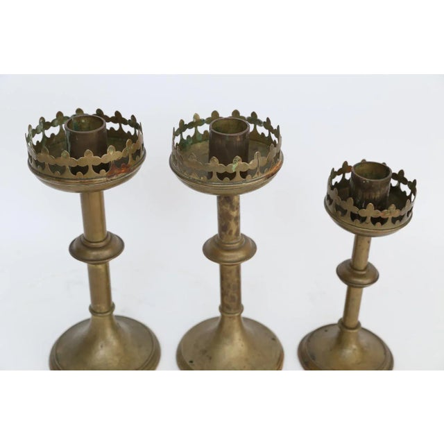 1910s Antique French Gilt Brass Altar Candlesticks - Set of 3 For Sale - Image 5 of 11