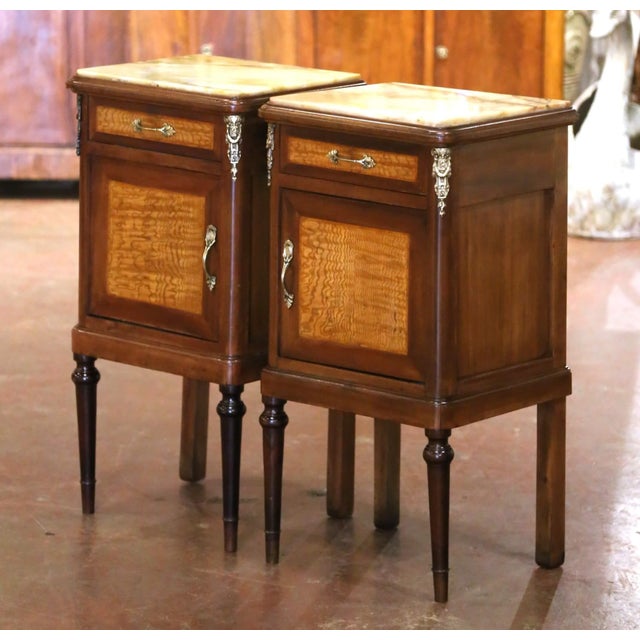 Late 19th Century Pair of 19th Century French Louis XVI Mahogany Marble-Top Nightstands For Sale - Image 5 of 9