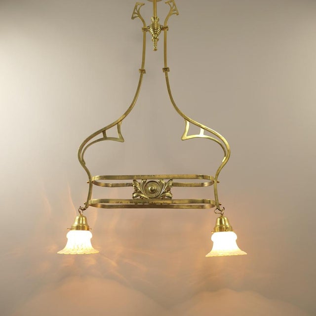 Gold Art Nouveau Brass Chandelier with Vaseline Glass Lampshades, England, 1910s For Sale - Image 8 of 10