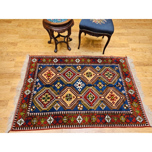 1900 - 1909 Vintage Persian Shiraz Yalameh Tribal Area Rug, Hand-Knotted Wool, Allover Geometric Pattern, Blue & Red, 3x5 For Sale - Image 5 of 17
