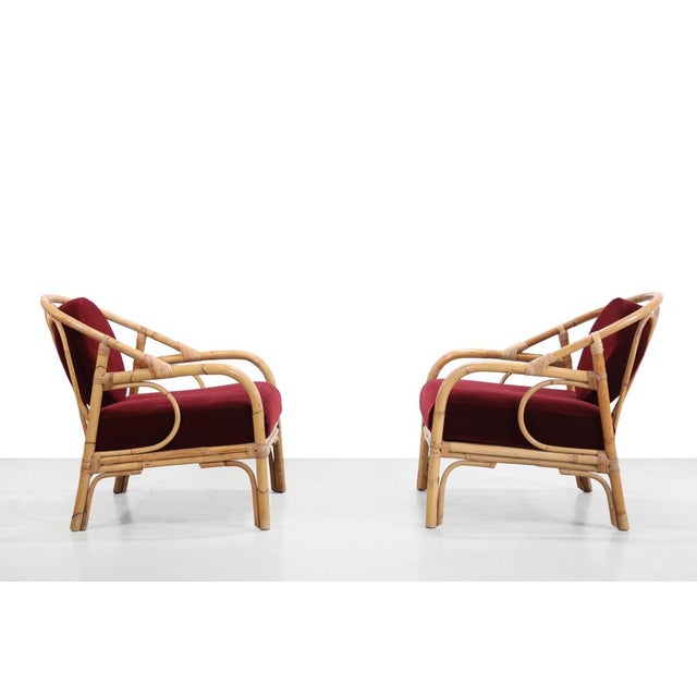 Mid-Century Modern Vintage Bamboo and Rattan Armchairs with Bordeaux Red Mohair, 1960s, Set of 2 For Sale - Image 3 of 7