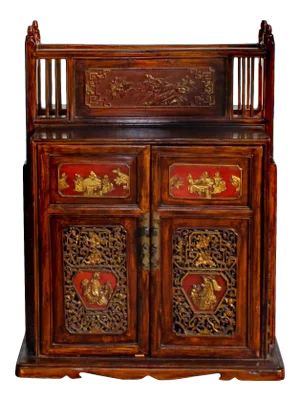 Vintage Chinese Fujian Golden Carving Wedding Trunk Cabinet