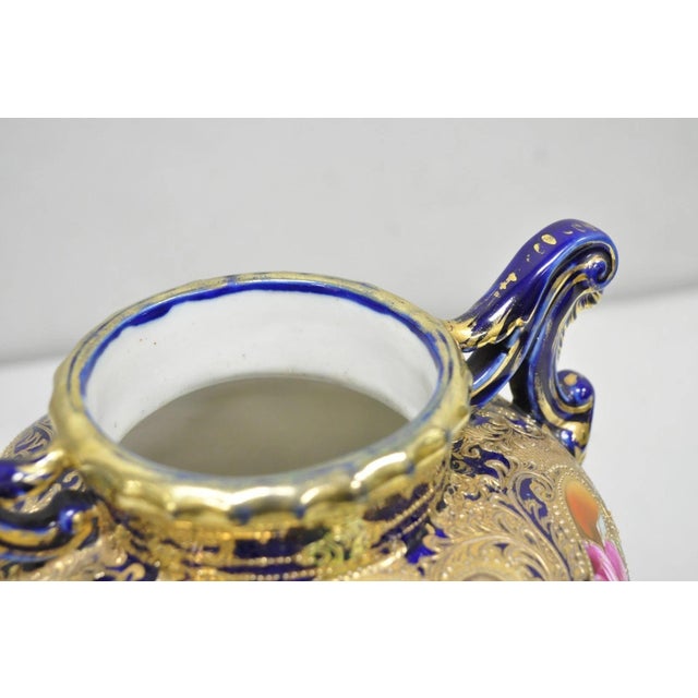 Antique Nippon Hand Painted Floral Design Cobalt Blue Porcelain Bolted Urn Vase For Sale - Image 9 of 18