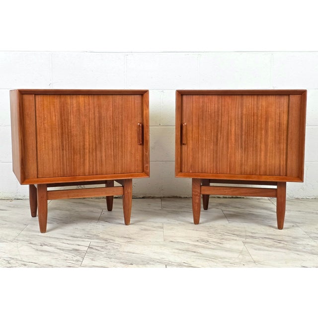 A Perfect Pair Of Teak Tambour Door Nightstands By Sven Madsen For Falster Mobelfabrik. Fully Refinished & In Stellar...