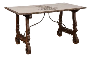 19th Century Walnut Writing Table With Carved Family Crest, Spain