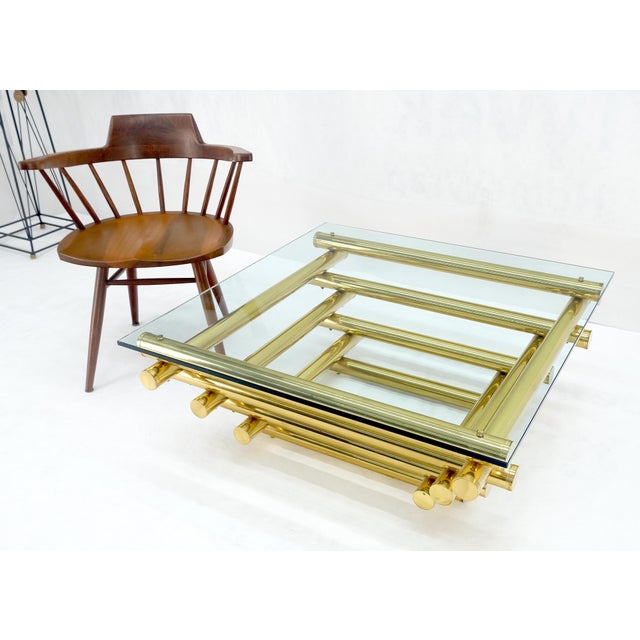 Solid Brass Tube Segment Pyramid Shape Base 36" Square Glass Top Coffee Table For Sale - Image 10 of 12