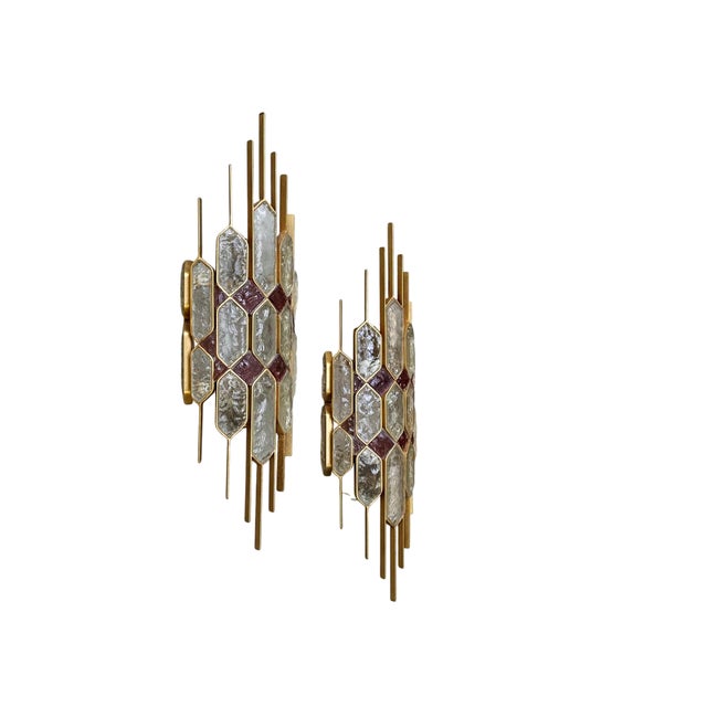 Set of two large and rare wall lamps produced in the 1970s by Poliarte, designed by Albano Poli. Highly decorative objects...