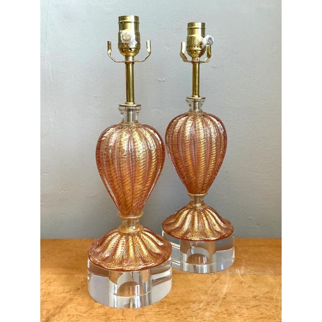 Vintage Murano Glass Lamps With Lucite Bases - Pair For Sale In West Palm - Image 6 of 12