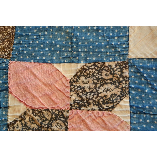 Sky Blue Early 20th C Jacob's Ladder Variation Hand-Quilted Cotton Quilt - For Sale - Image 8 of 12