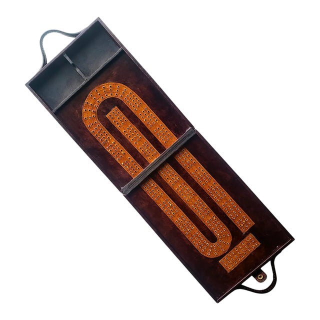 Vintage Pottery Barn Leather Cribbage Board | 1980s Chocolate Travel Game Case For Sale