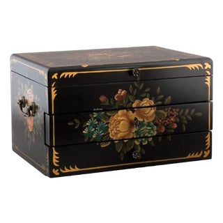 Tole Painted Black Lacquer Silverware Flatware Chest For Sale