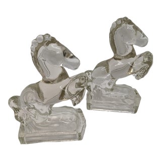 Mid-Century Art Deco Glass Crystal Clear Rearing Horses Clear Bookends - a Pair For Sale