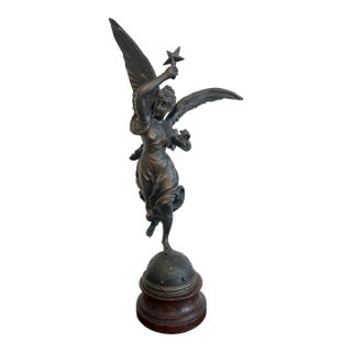 Early 20th Century Bronze Statue "Stelle" Winged Woman Angel Standing on Stared Globe Signed Par Rousseau For Sale