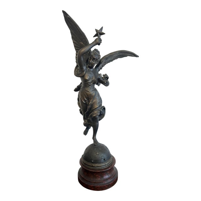Early 20th Century Bronze Statue "Stelle" Winged Woman Angel Standing on Stared Globe Signed Par Rousseau For Sale