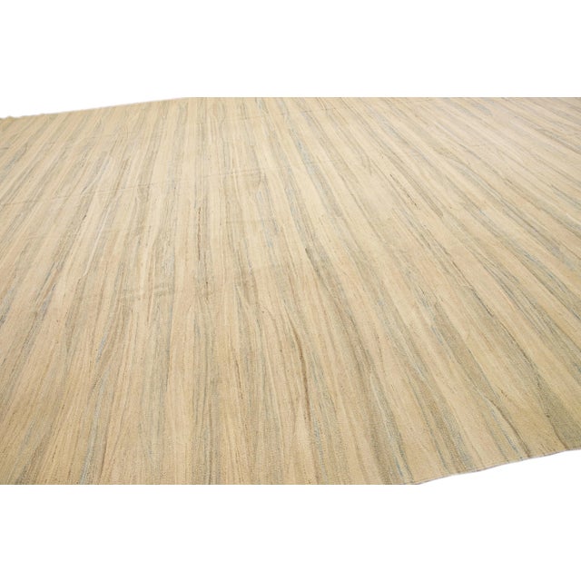 Beige Beige Modern Kilim Handmade Abstract Striped Motif Flatweave Oversize Wool Rug For Sale - Image 8 of 10