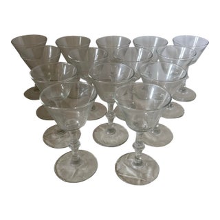 Vintage Mid Century Clear Baluster Stem Champagne Cocktail Aperitif or Cordial Glasses, Hostess Set of 14 For Sale