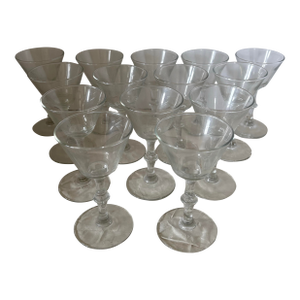Vintage Mid Century Clear Baluster Stem Champagne Cocktail Aperitif or Cordial Glasses, Hostess Set of 14
