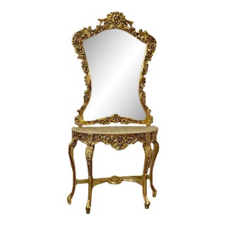 1940s French Rococo Style Marble and Gold Leaf Console Table with Mirror For Sale