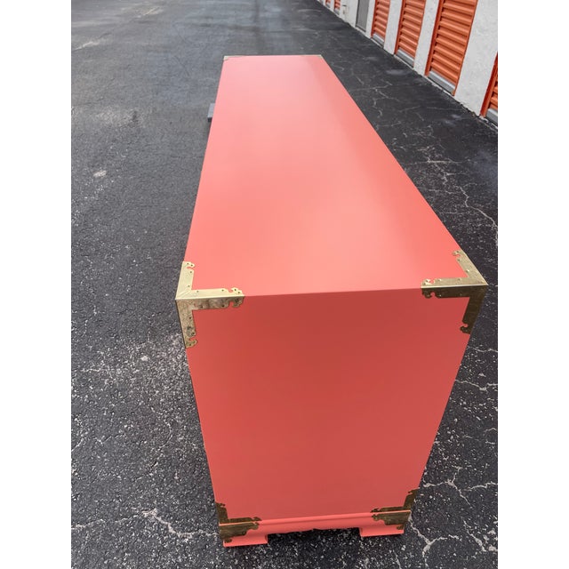 Wood 1960s Hollywood Regency Asian-Inspired Dresser in Tucson Coral Lacquer With Brass Hardware – 72” Credenza For Sale - Image 7 of 10