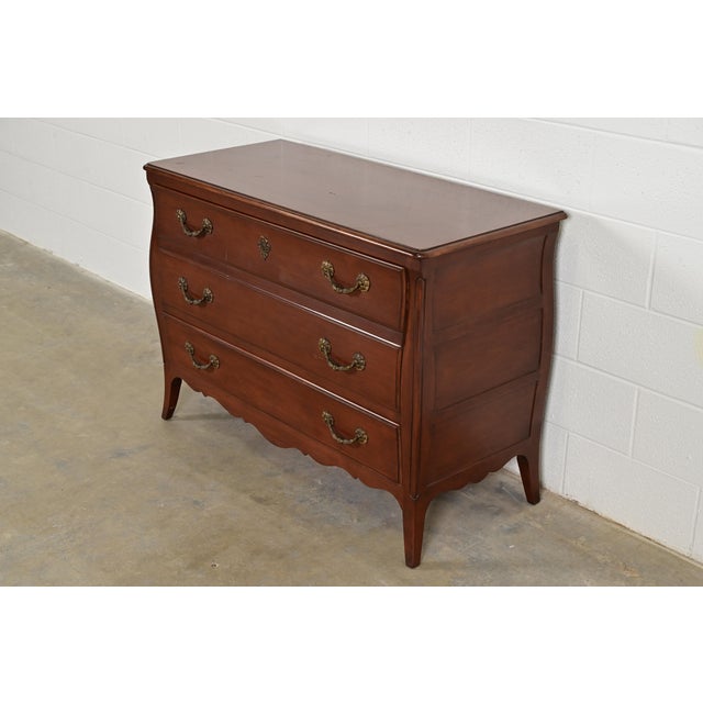 French Provincial John Widdicomb Style French Provincial Louis XV Carved Cherry Wood Commode or Chest of Drawers, Circa 1940s For Sale - Image 3 of 13