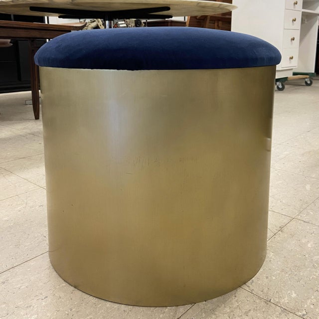 Brushed Brass “Mushroom” Pouf Ottoman in Navy Velvet by Montage For Sale In New York - Image 6 of 6