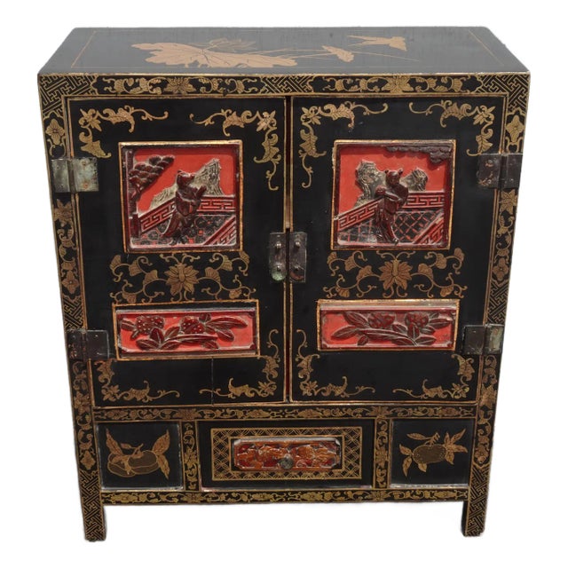 Vintage Chinese Asian Black & Red Hand Painted Lacquer Cabinet Side Table For Sale